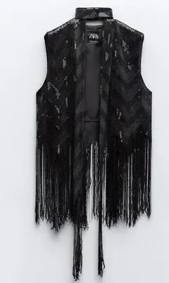 ZARA SEQUINNED WAISTCOAT WITH FRINGING AND CHOKER SPARKLY 8741 274 Size M/L • £50