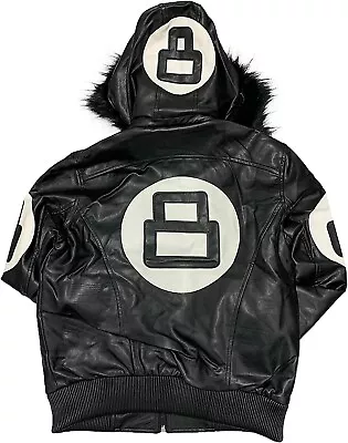 Mens Black Biker Fur Hoodie Leather Varsity Bomber 8 Ball Winter Fashion Jacket • £79