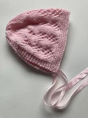 GRAB THIS GORGEOUS Pink BNWOT Hand Knitted Bonnet Baby Girls Clothing 3-6 Months • £4.19