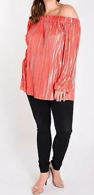 £19.99 • Buy Off Shoulders Top Tunic Blouse Satin Pleated Plus Size Coral