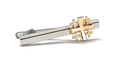 Jerusalem Cross Tie Bar Crusaders Shield Cut Out Design Silver And Gold Tone 3D • $15.90