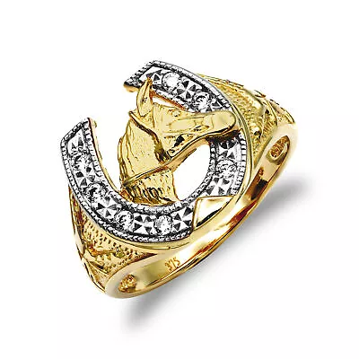 Mens 9ct Gold Mersham Jewels CZ Horse Head Horseshoe Ring • £286.99
