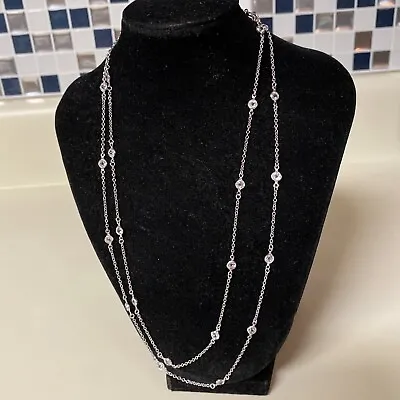 Diamonique .925 Sterling Silver Cubic Zirconia 24 Stone Station Long Necklace • $45