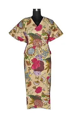 $39.66 • Buy Indian 100% Cotton Beige Fruit Printed Long Kaftan Dress Night Maxi Dress Caftan