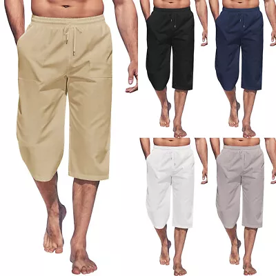 Mens Elasticated Waist 3/4 Long Length Shorts Summer Casual Three Quarter Pants • $19.59