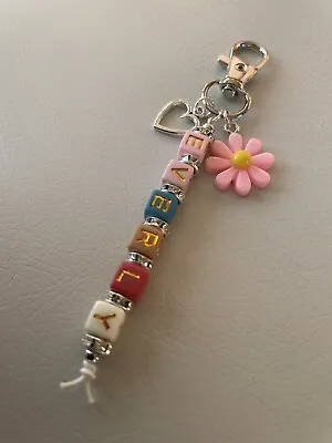 Personalised Name Beads Daisy Heart Charm School Bag Clip - Girls Gift • £3.49