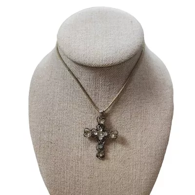 Vintage Tarnished Silver Toned Embellished Cross Pendant Suede Necklace • $15