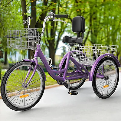 Adult Tricycle Adult Trike 24  1 Speed 3 Wheel Purple Bikes W/Removable Basket • $223.45