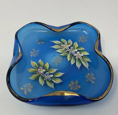 Vintage Art Glass Hand Blown/painted Plate Blue Gold Floral Bowl • $20