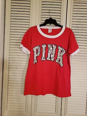 PINK Victorias Secret Top Womens Large Red Sequin Bling Short Sleeve Shirt • $14.99