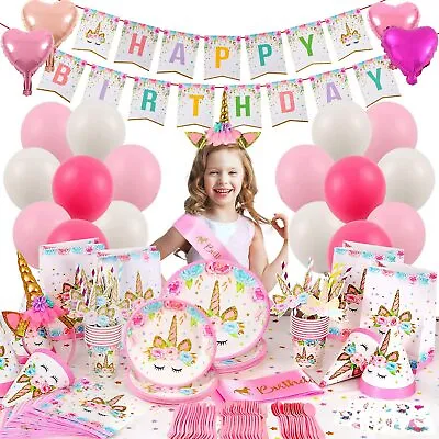 Unicorn Birthday Decorations Party Supplies Girls Children Tableware & Balloons • £4.24