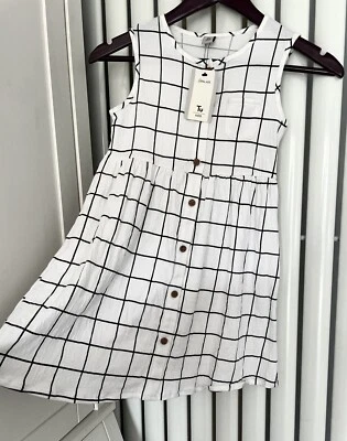 £5 • Buy Girls Jersey Short Sleeve Check White With Black Dress Age  6-7 New