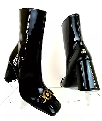 $1300 Versace Black Patent Leather Medusa Medallion Zip Heel Ankle Boots 39.5 • $495