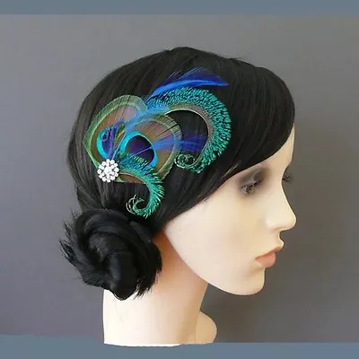 £7.99 • Buy 20's Flapper Peacock Feather Leaf Diamante Flower Clip Fascinator Hairdress Wed