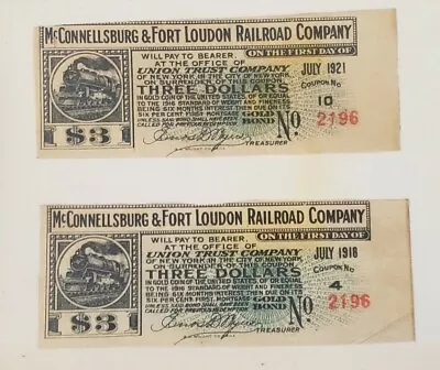 2 Antique 1918 1921 McConnellsburg & Ft Loudon Railroad Gold Bond Coupons • $23.99