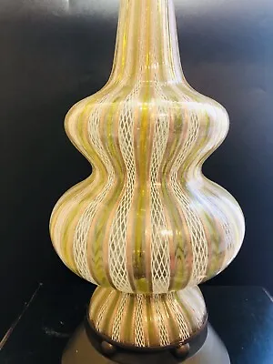 Vintage Murano 60's Art Glass Table Lamp Green Stripe With Copper And White • $475