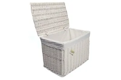 Large White Wicker Storage Basket Storage Chest Trunk Hamper W/Cloth Linning • £36.99