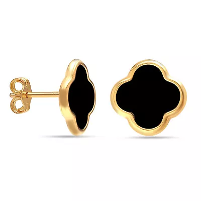 14K Gold-Plated Black Mother Of Pearl Clover Stud Earring For Women Teen 11 MM • $20.99