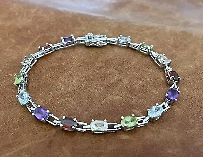 Beautiful Sterling Silver 925 Multi Color Gemstones Tennis Bracelet 7.25” Inch • $45