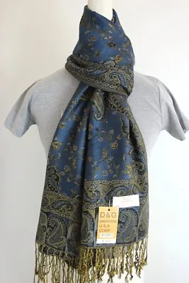 DG Pashmina Scarf Shawl Wrap-Paisley Gold Dark-Blue Silk Cashmere.Soft*011 • $12.99