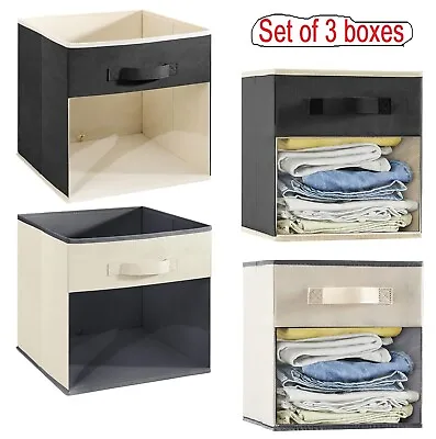 3x Fabric Storage Box Storage Cube Foldable Box With Clear Window Grey Organiser • £11.99