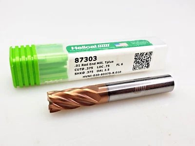 $39.95 • Buy Helical 3/8 X 3/8 X 3/4 X 2-1/2 R.01 Solid Carbide End Mill T-Plus 6 Flute 87303