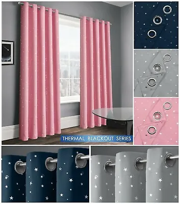 Thermal Blackout Curtains Pair Kids Boys Girls Star Shimmer Metallic Grey Pink • £18.95