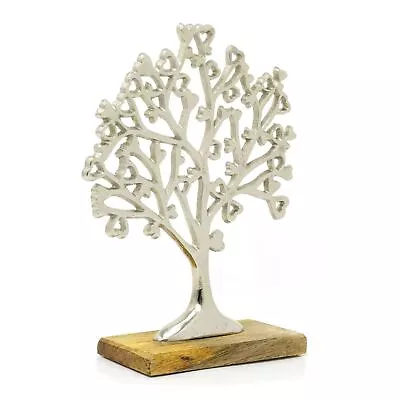 Small Elegant Silver Metal Tree Of Love Ornament On Mango Wood Base - 26.5cm • £15.99