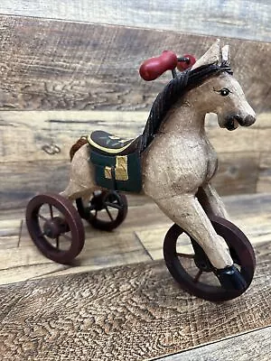 Vintage  Folk Art Hand Painted Hand Carved Wood Child's Tricycle  Riding Horse • $39.99