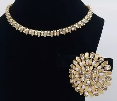 CROWN TRIFARI Clear Rhinestone Pearl Necklace Brooch Set Demi Parure Vintage • $212