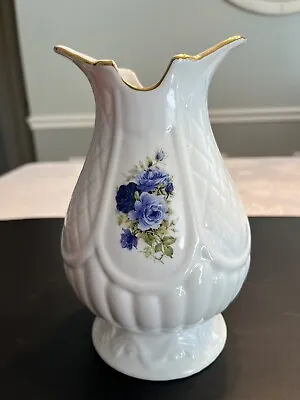 Formalities By Baum Bros White Porcelain Vase Blue Roses • $24.99