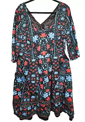 City Chic Size XL Womens Fit & Flare Dress Black Blue Red Floral Print Belted • $20.97