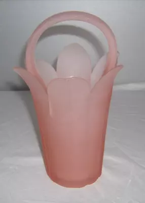 Vtg Mikasa Handcrafted Pink Satin Frosted Glass Tulip Basket Vase W/Handle • $19.95