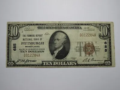 $10 1929 Pittsburgh Pennsylvania PA National Currency Bank Note Bill Ch. #685 VF • $113.99