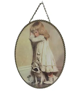 VTG Victorian Oval Flue Cover LIL GIRL WHITE DRESS &DOG Metal Frame Wall Decor • $19.99