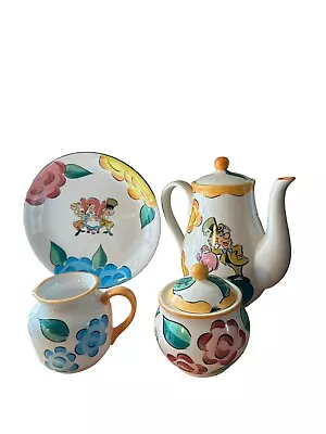 Disney Alice In Wonderland Teapot Coffee Set Mad Hatter Flowers 4 Piece Set • $119.99