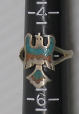L - SOUTHWESTERN STERLING SILVER RING W THUNDERBIRD TURQUOISE & CORAL INLAY • $24.99