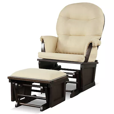 Costway Wood Glider And Ottoman Cushion Set Baby Nursery Rocking Chair Dark • $199.99