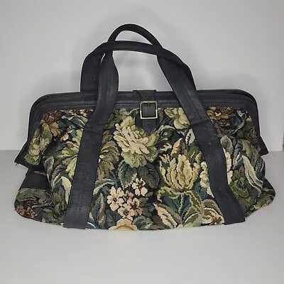 Vintage Tapestry Bag St Michael Floral Carpet Holdall Bag Black Leather Buckle • £25