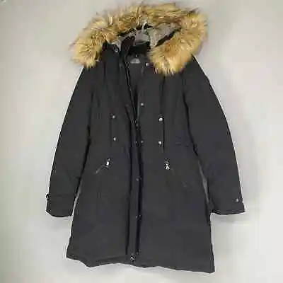 Vince Camuto Women Puffer Coat L Black Goose Down Faux Fur Hooded Full Zip Parka • $45.42