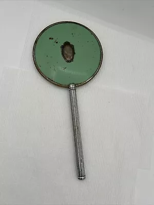 Vtg Hand Held Vanity Beveled Oval Mirror Green Over Brass Metal • $13