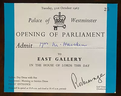 Antique Ticket For Opening Of Parliament House Of Lords By Queen Elizabeth II • £19.99