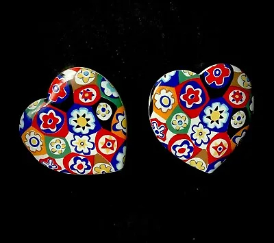 Vintage Avon Heart Painted Millefiori Ceramic Clip On Statement Earrings • $10