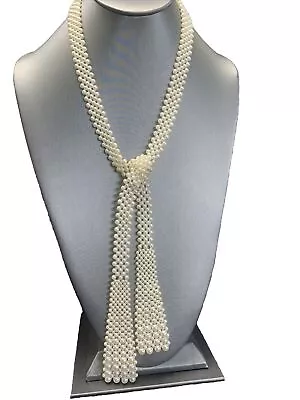 Vintage Woven White/ Cream Faux Pearl Pearl  Tie On Necklace 32” • $23.50