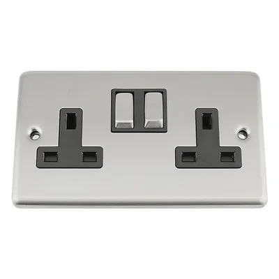£9.99 • Buy 13 Amp Double Wall Socket 2 Gang In Brushed Satin Matt Chrome Classic Style