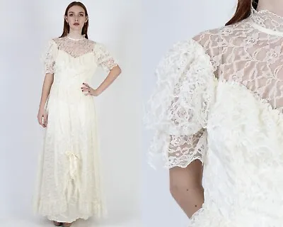 Vtg 70s Western Country Wedding Dress Floral Lace Romantic Saloon Bridal Maxi • $89