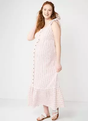 NWT Sonoma Maternity Knot Shoulder Maxi Dress Pink Stripe Size Large • $29