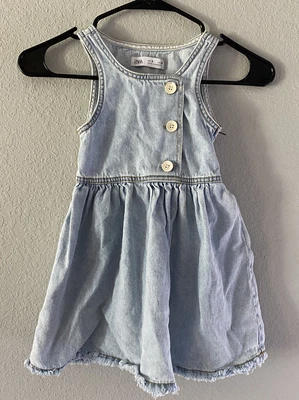 $16 • Buy Zara Girl's Chambray Button Raw Hem Dress Cotton Blue Size 6 EUC