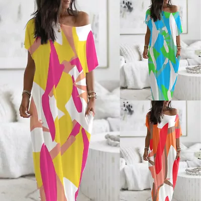 Women Printed Kaftan One Shoulder Maxi Dress Beach Holiday Baggy Long Sundress & • $33.95