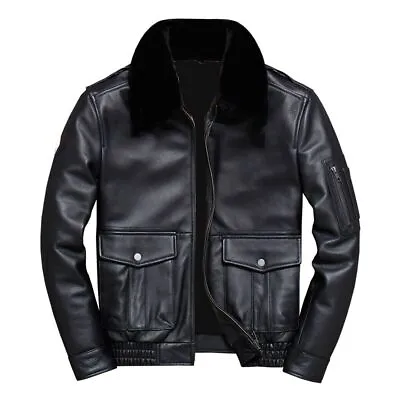 Men's Genuine Sheep Leather Pilot Airforce Jacket Faux Fur Collar Winter Jacket • $135.99